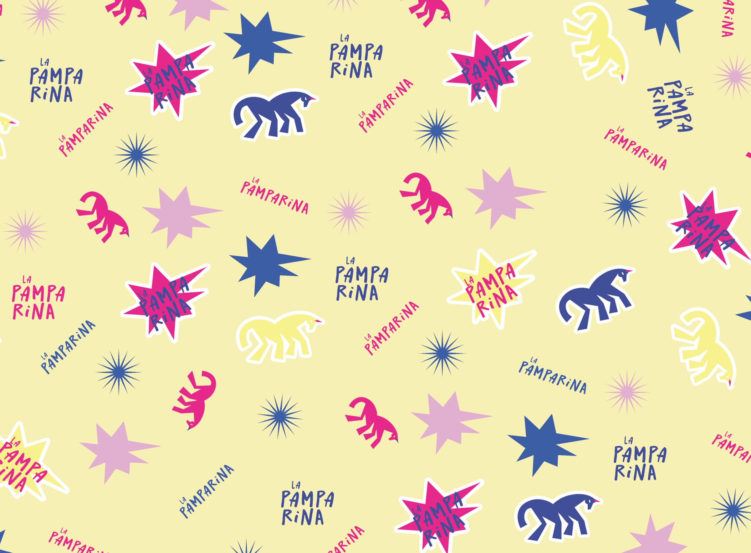 Motif du festival : licornes, étoiles et logos sur fond jaune pâle